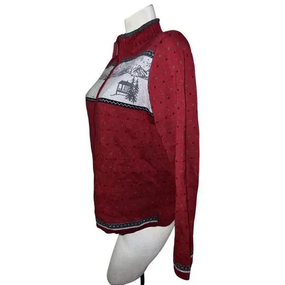 Woolrich Sweater Womens Size L Red Cabin Forest Moose Winter Scene Zip Cardigan - Picture 4 of 11